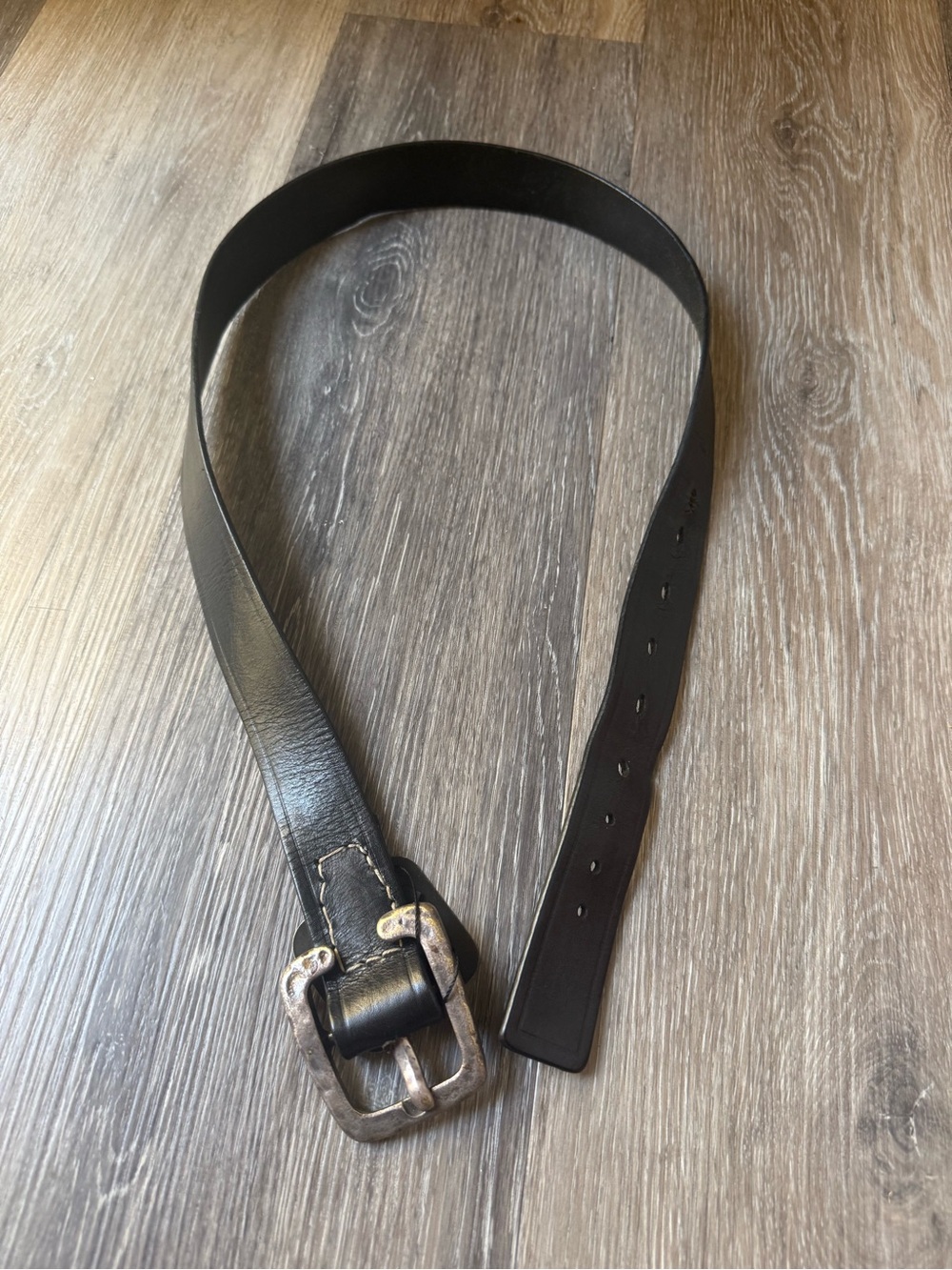Classic Black Leather Belt with Distressed Silver Buckle 38”
